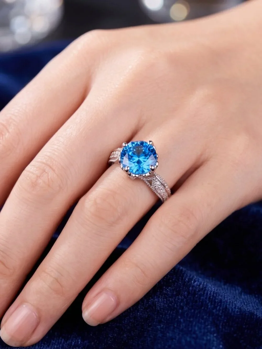 Givenchy 18K Gold Plated Blue Crystal Statement Ring (Adjustable Sz 7-9)